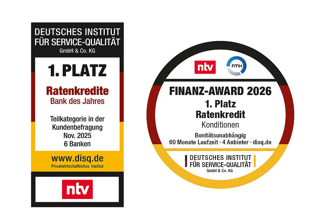 Auszeichnungen "Bester Ratenkredit" und "Bank des Jahres Ratenkredite"