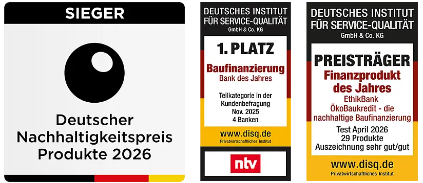 Siegel Deutscher Nachhaltigkeitspreis 2026 und Disq Bank des Jahres Baufinanzierung
