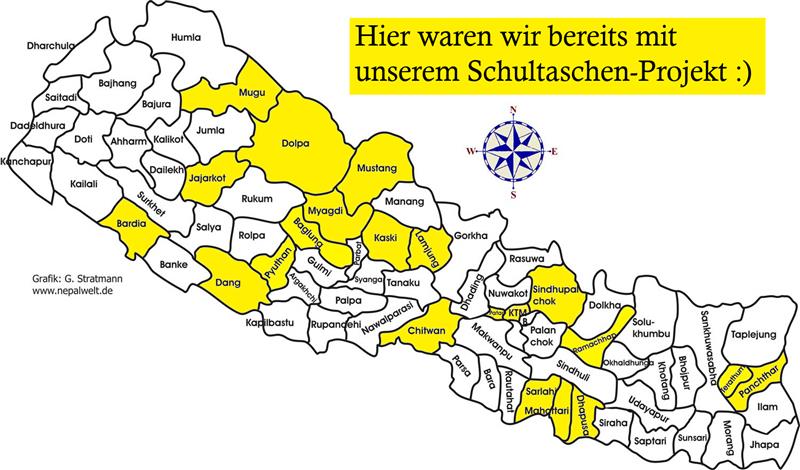 Karte der Distrikte Nepals - hier waren wir bereits mit unserem Schultaschenprojekt